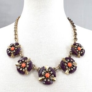 J.Crew Purple Orange Crystal Statement Necklace Floral Medallion Gold Tone Bib